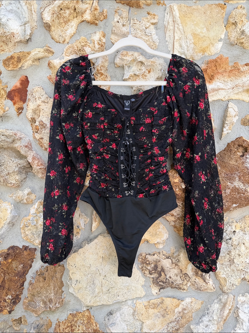 Windsor Bodysuit Floral Lace Up Long Sleeves